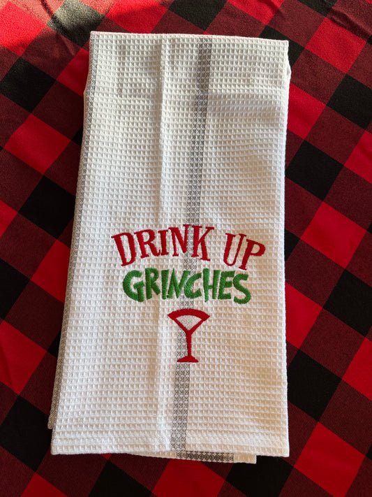 Drink up Grinches tea towel